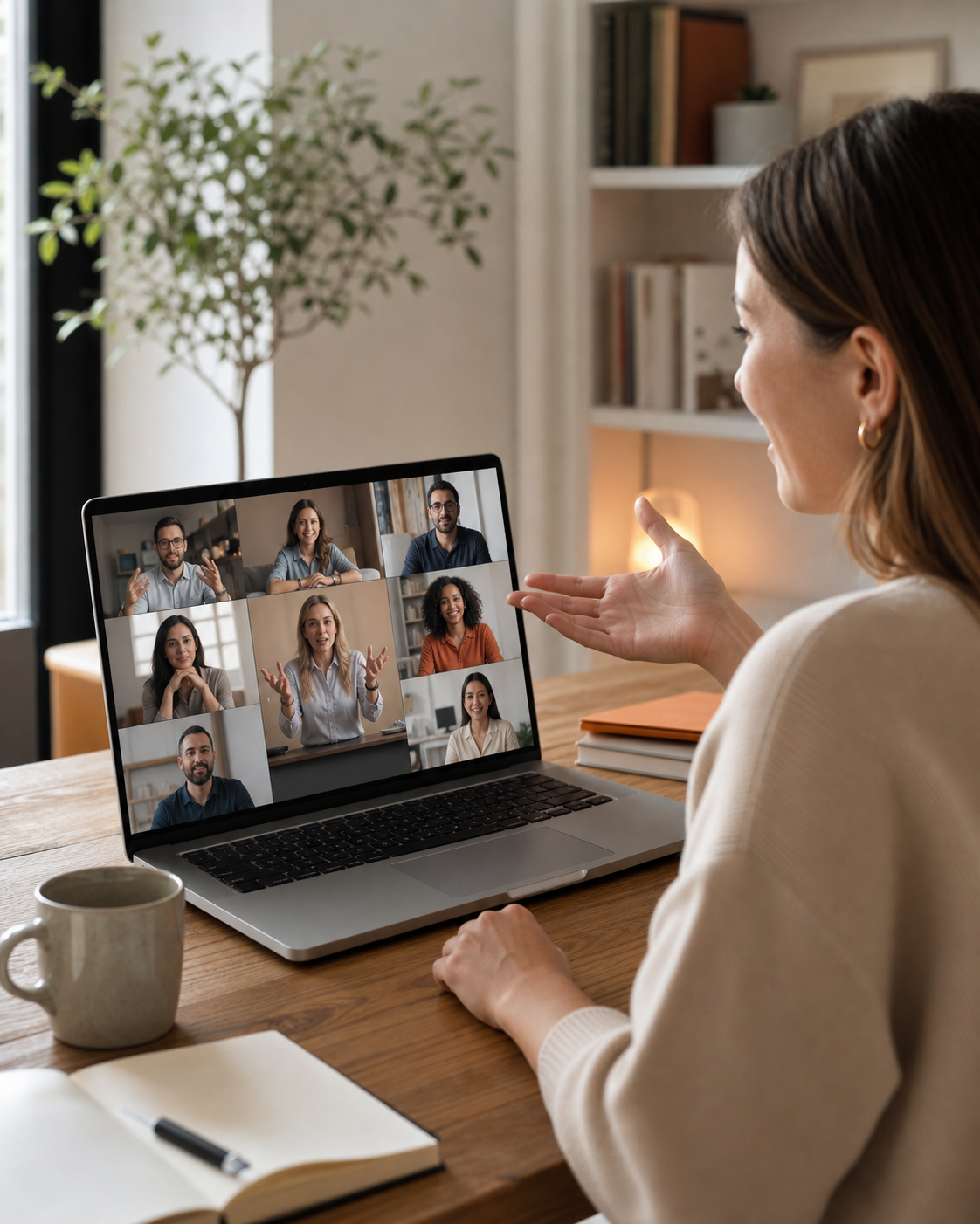 Sudionica prati webinar s više ljudi na videopozivu